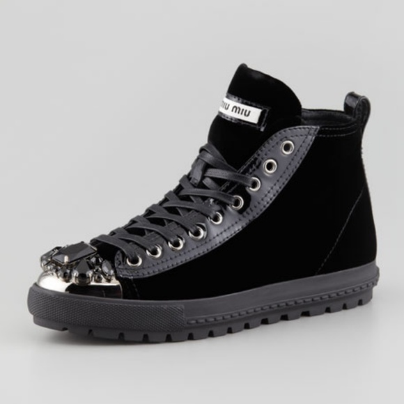 Miu Miu Shoes - Miu Miu Velvet Bejeweled High Top Sneakers